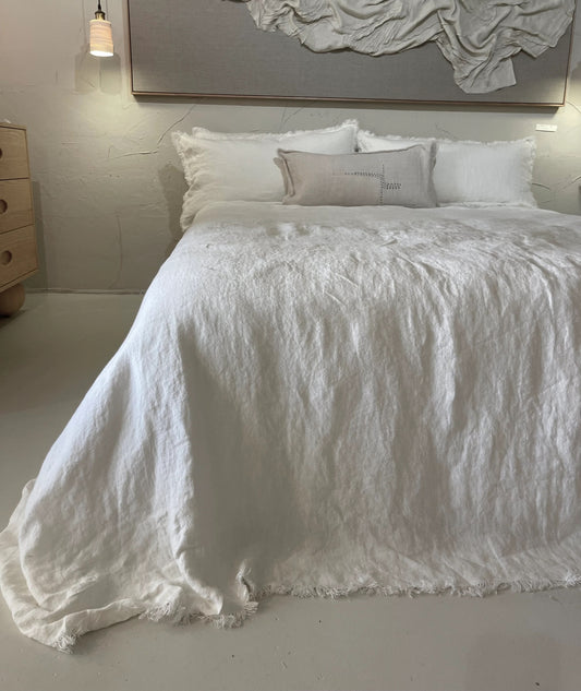 DOUBLE Stone washed Flax Linen Bedcover - WHITE