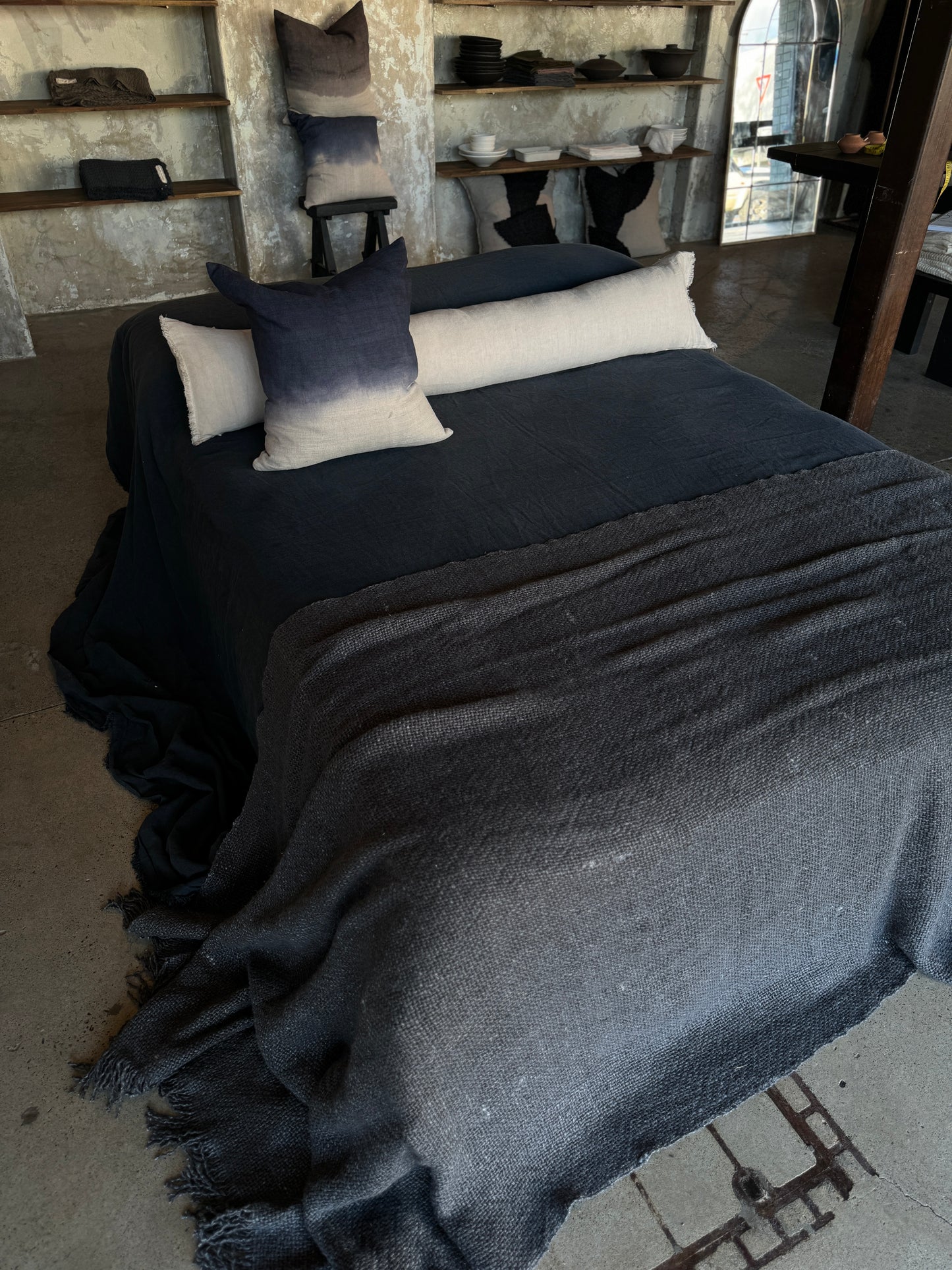 DOUBLE Stone washed Flax Linen Bedcover - INK