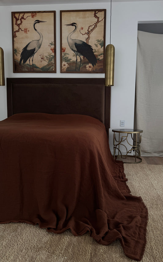 DOUBLE Stone washed Flax Linen Bedcover - Rich cacao